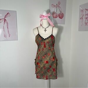 Secret Treasures Cheetah‎ Animal Print Floral Lace Trim Slip Mini Dress Womens M